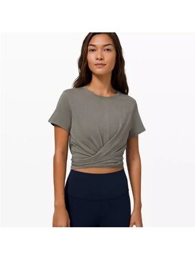 Lululemon Time To Restore Cropped Wrap Tie Tee T-Shirt Grey Sage Size 10